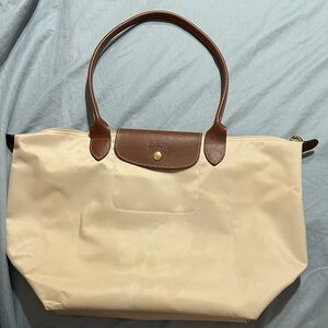 LongChamp Pilage Medium Cream and Brown Tote Bag
